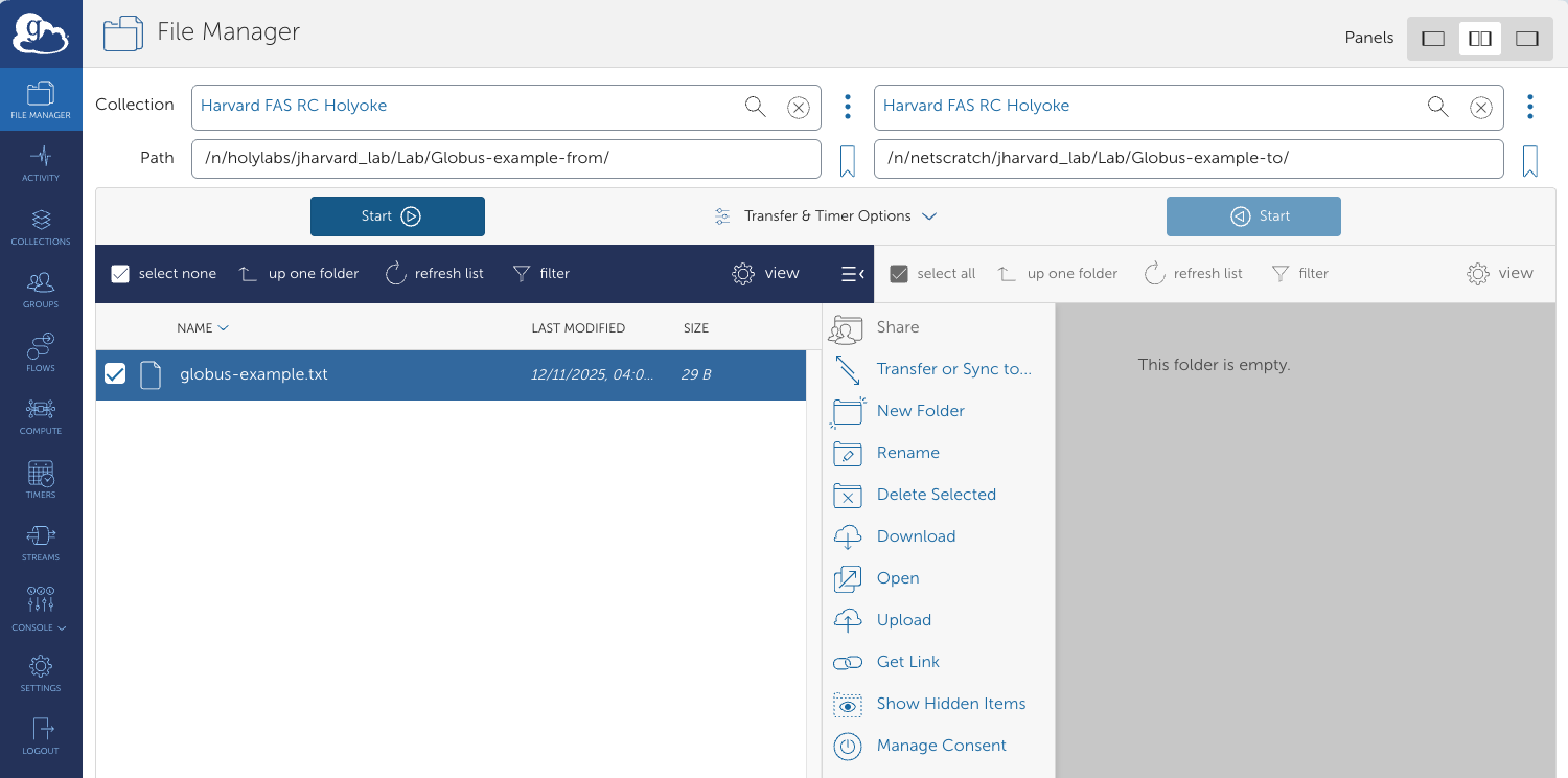 Globus file manager with two panels.
